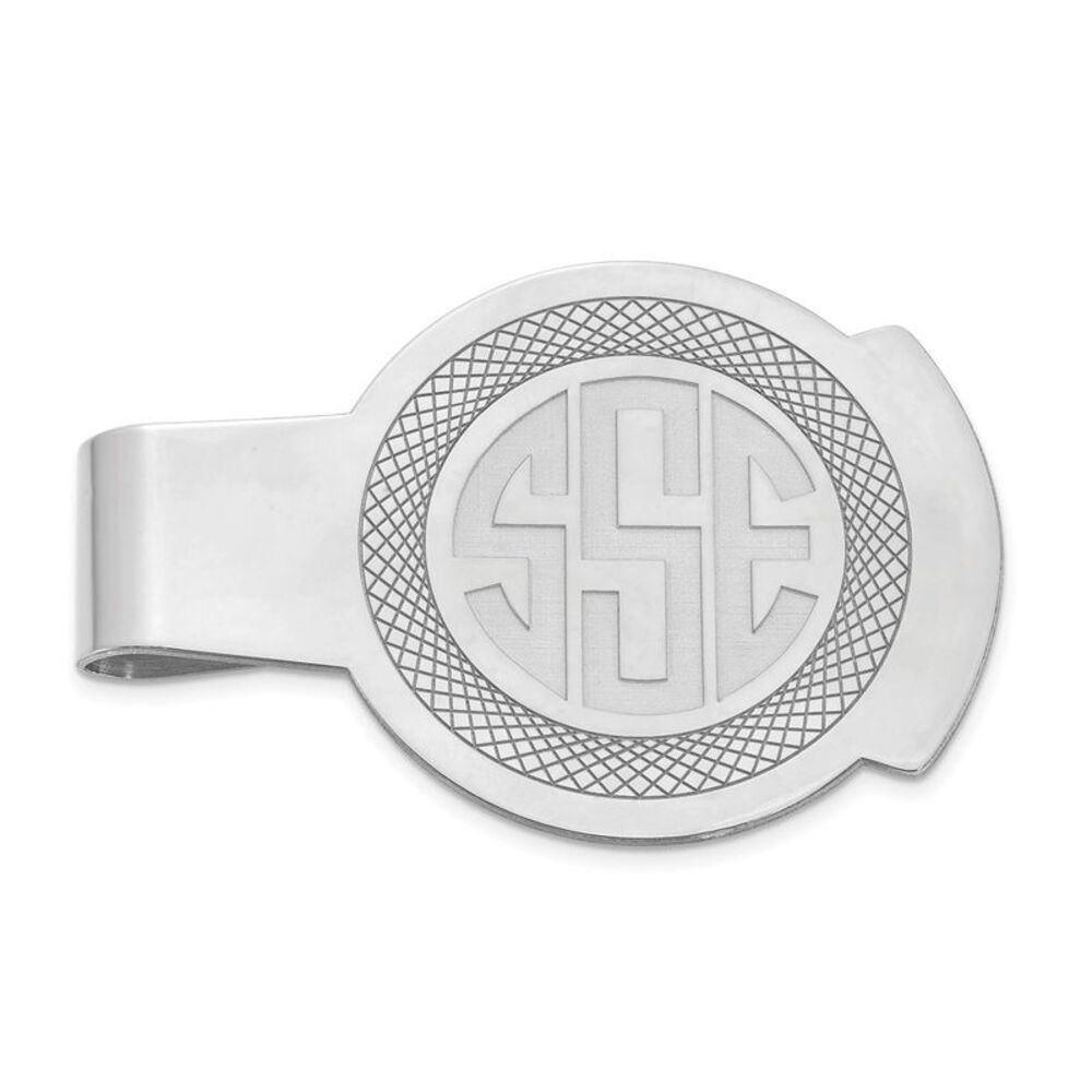 14K White Gold Recessed Monogram Round Fold Over Money Clip, 33x52mm